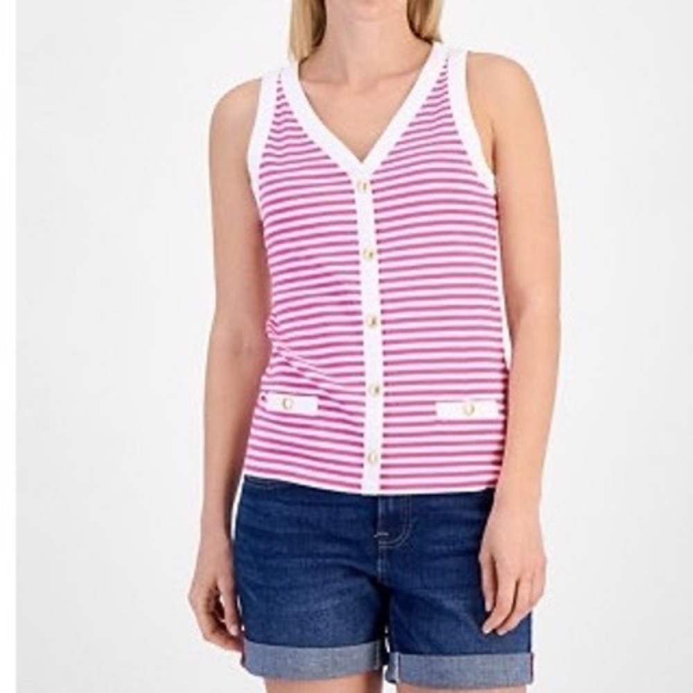 Nautica Jeans Pink Striped Button Down Sleeveless Sweater Vest Top XL